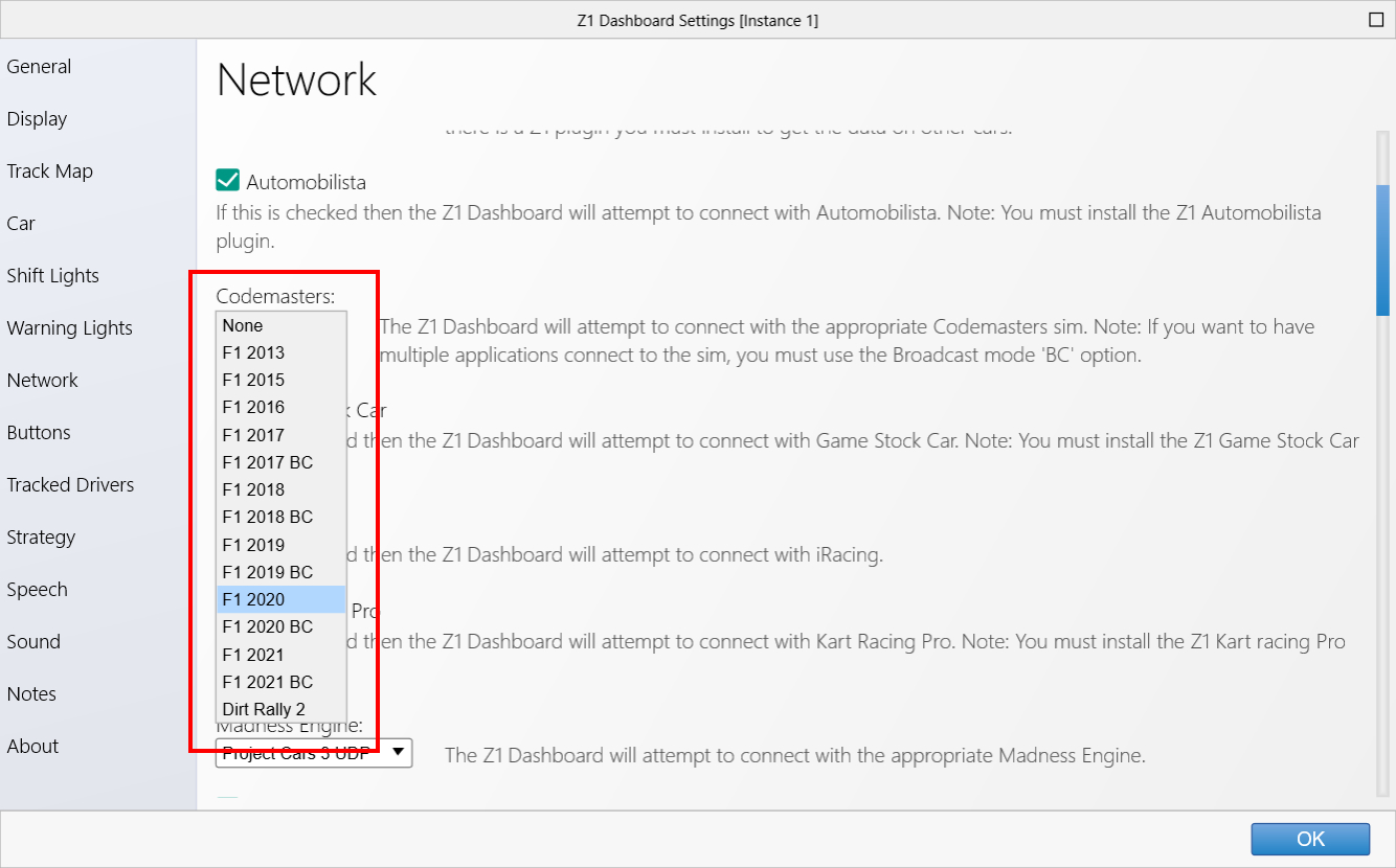 Z1 Dashboard F1 2020 UDP Settings